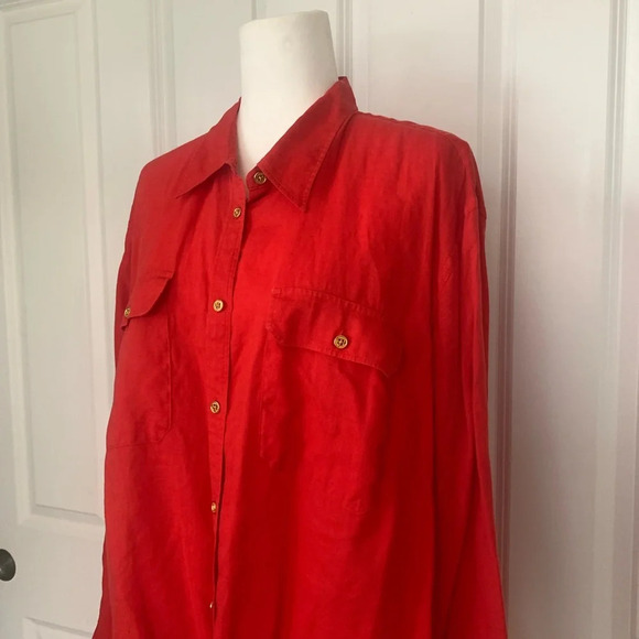 Lauren Ralph Lauren 2X Red 100% Linen Button Up Long Sleeve Shirt Black Label - Picture 2 of 14